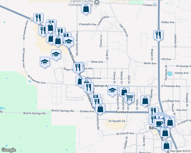 map of restaurants, bars, coffee shops, grocery stores, and more near 1002 Jefferson Avenue in Berryville