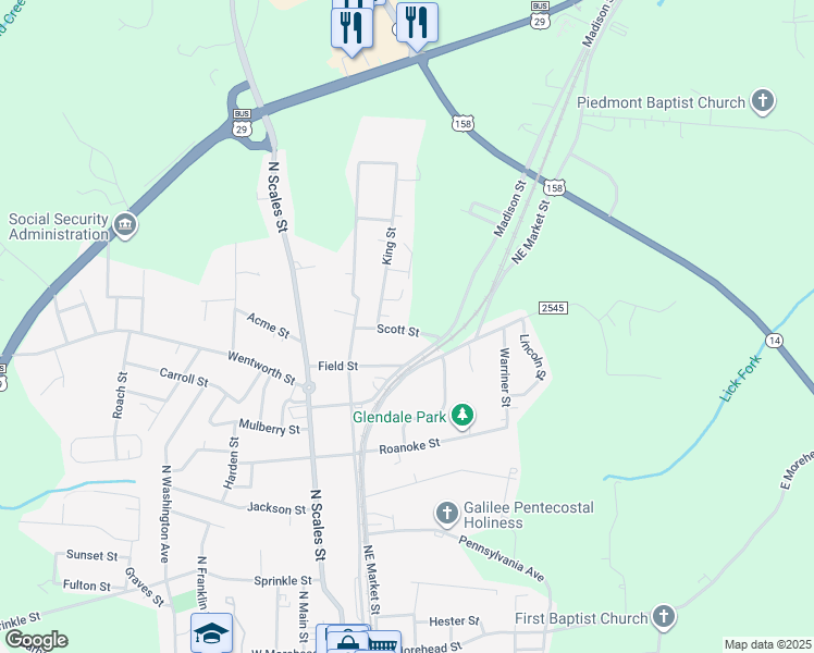 map of restaurants, bars, coffee shops, grocery stores, and more near 116 Scott Street in Reidsville