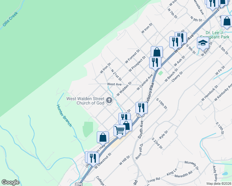 map of restaurants, bars, coffee shops, grocery stores, and more near 208 South 23rd Street in LaFollette