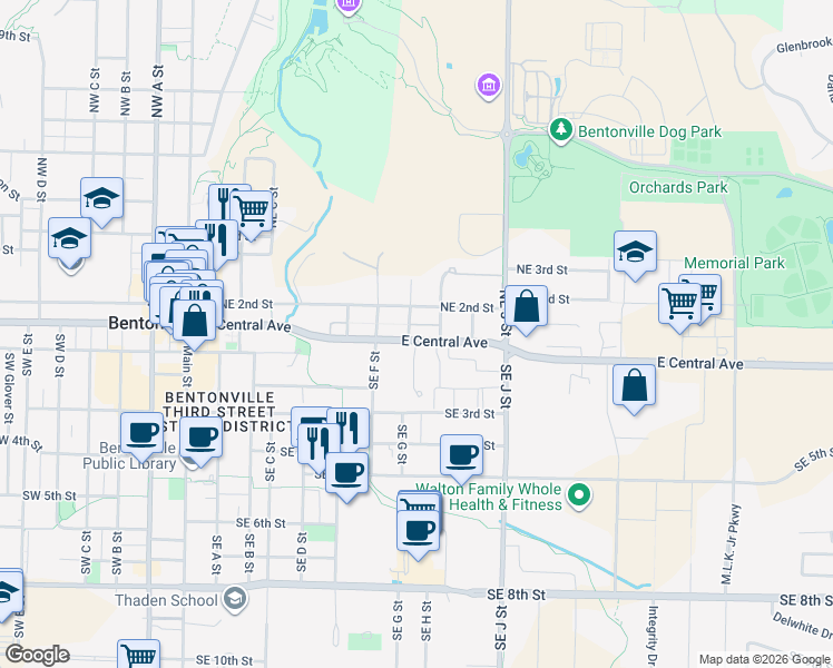 map of restaurants, bars, coffee shops, grocery stores, and more near 102 NE G St in Bentonville