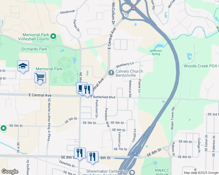 map of restaurants, bars, coffee shops, grocery stores, and more near 11 Jordan Ln in Bentonville