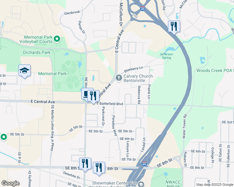 map of restaurants, bars, coffee shops, grocery stores, and more near 11 Jordan Lane in Bentonville