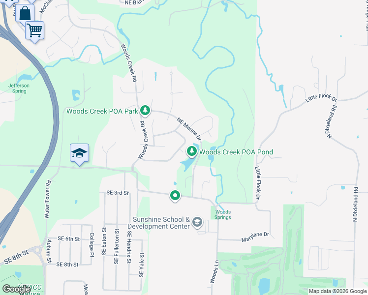 map of restaurants, bars, coffee shops, grocery stores, and more near 204 Northeast Lakeview Terrace in Bentonville