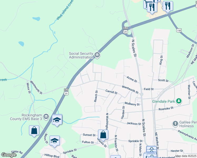 map of restaurants, bars, coffee shops, grocery stores, and more near 804 Wentworth Street in Reidsville