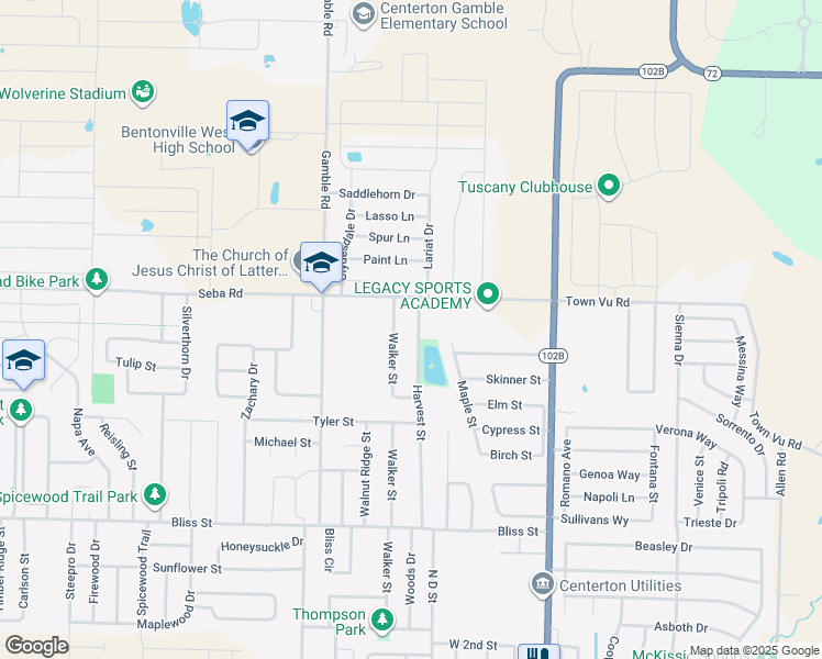 map of restaurants, bars, coffee shops, grocery stores, and more near 1011 Harvest Street in Centerton