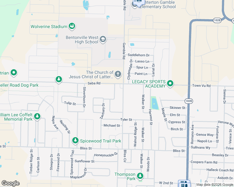 map of restaurants, bars, coffee shops, grocery stores, and more near 1004 Zachary Drive in Centerton