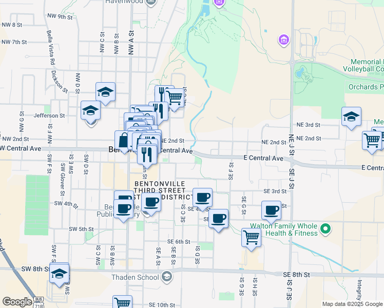 map of restaurants, bars, coffee shops, grocery stores, and more near 411 East Central Avenue in Bentonville