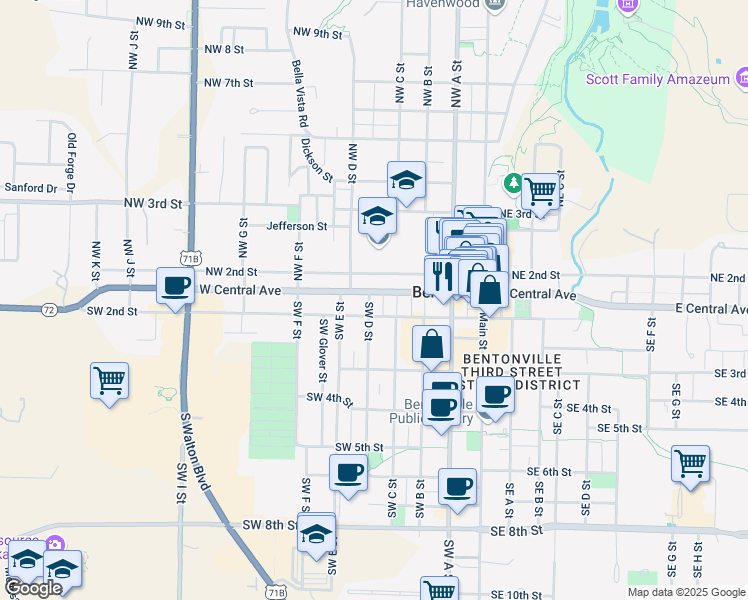 map of restaurants, bars, coffee shops, grocery stores, and more near 407 West Central Avenue in Bentonville