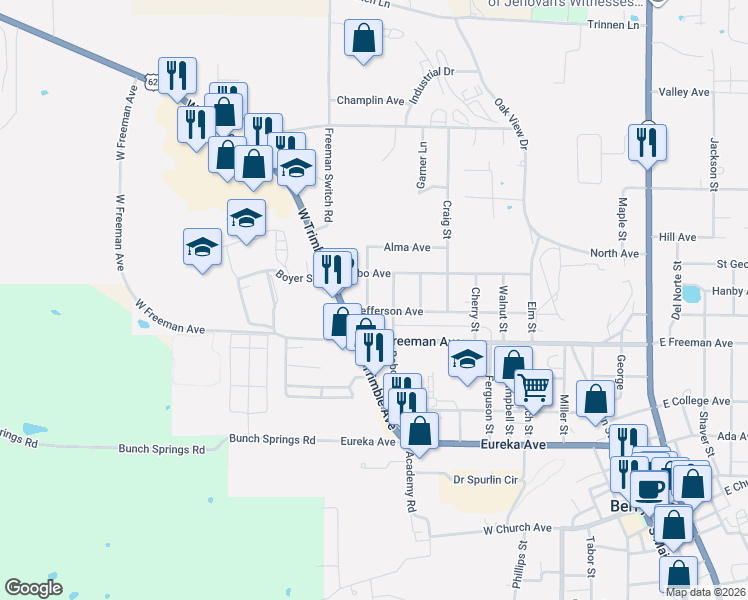 map of restaurants, bars, coffee shops, grocery stores, and more near 1106 Jefferson Avenue in Berryville