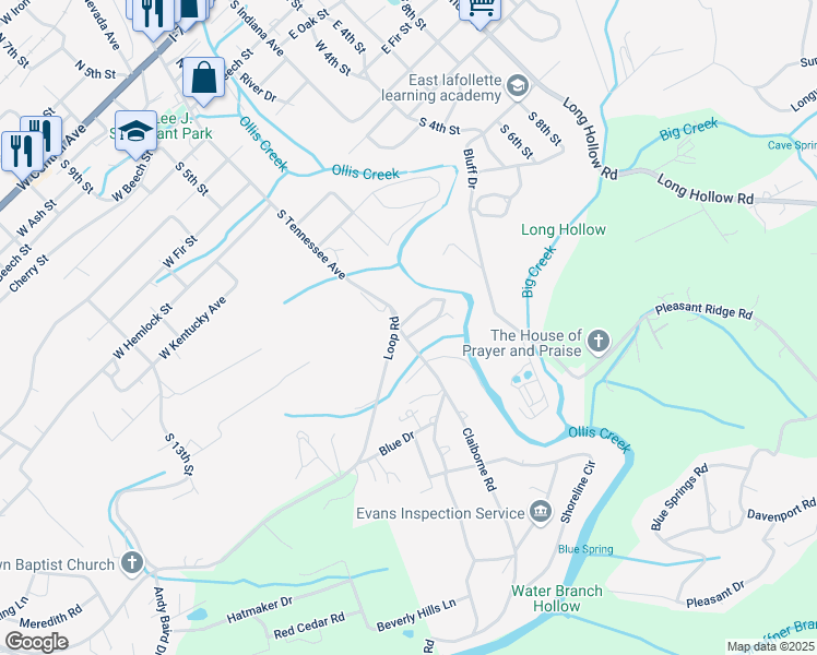 map of restaurants, bars, coffee shops, grocery stores, and more near 105 East Woodland Court in LaFollette
