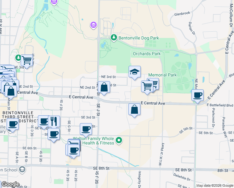 map of restaurants, bars, coffee shops, grocery stores, and more near 1208 Spriggs Court in Bentonville