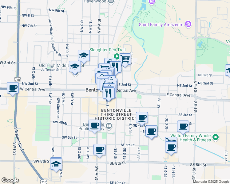 map of restaurants, bars, coffee shops, grocery stores, and more near 200 East Central Avenue in Bentonville