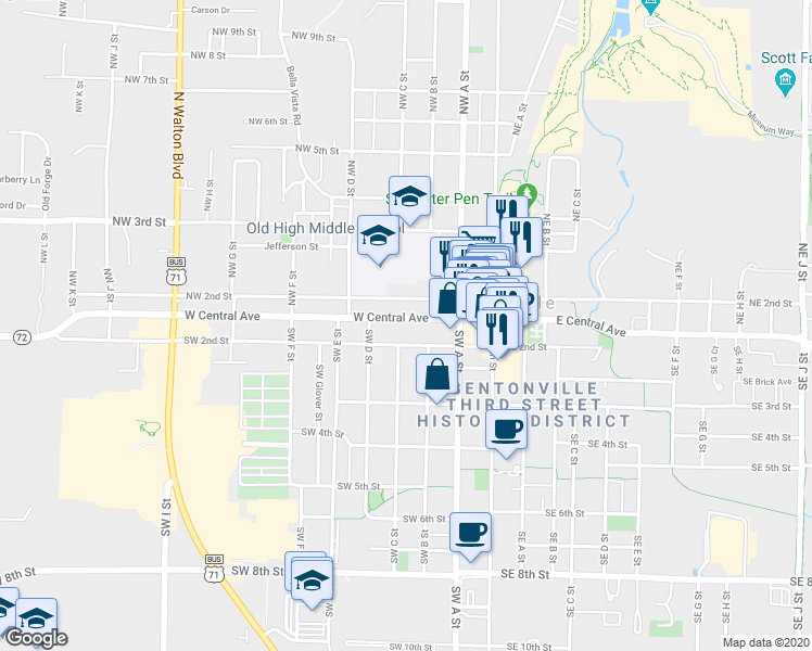 map of restaurants, bars, coffee shops, grocery stores, and more near 307 West Central Avenue in Bentonville