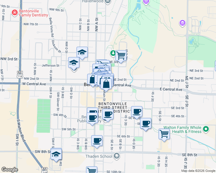 map of restaurants, bars, coffee shops, grocery stores, and more near 112 East Central Avenue in Bentonville