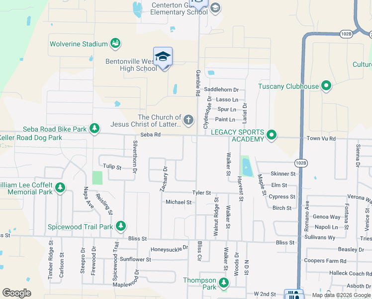 map of restaurants, bars, coffee shops, grocery stores, and more near 1004 Zachary Drive in Centerton