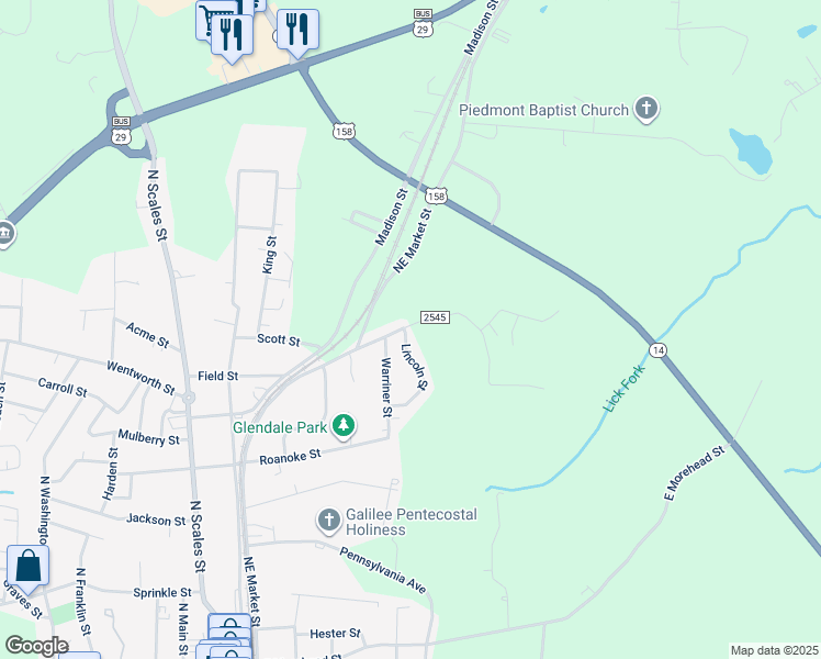 map of restaurants, bars, coffee shops, grocery stores, and more near 807 North Willow Street in Reidsville