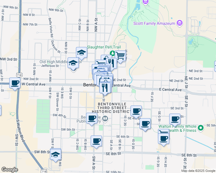 map of restaurants, bars, coffee shops, grocery stores, and more near 200 E Central Ave in Bentonville