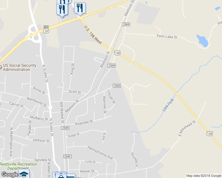 map of restaurants, bars, coffee shops, grocery stores, and more near 807 North Willow Street in Reidsville