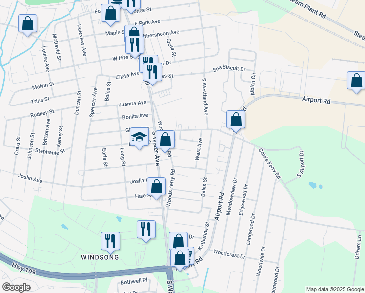 map of restaurants, bars, coffee shops, grocery stores, and more near 114 Watson Street in Gallatin