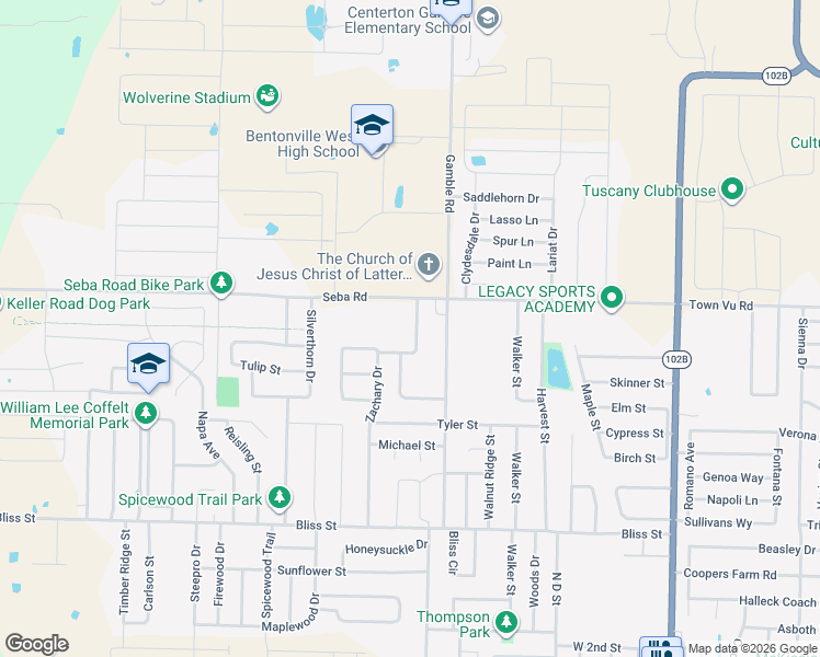 map of restaurants, bars, coffee shops, grocery stores, and more near 1004 Zachary Drive in Centerton