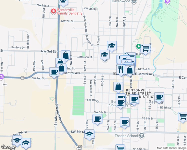 map of restaurants, bars, coffee shops, grocery stores, and more near 601 West Central Avenue in Bentonville