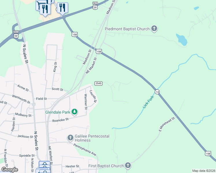 map of restaurants, bars, coffee shops, grocery stores, and more near 837 North Willow Street in Reidsville
