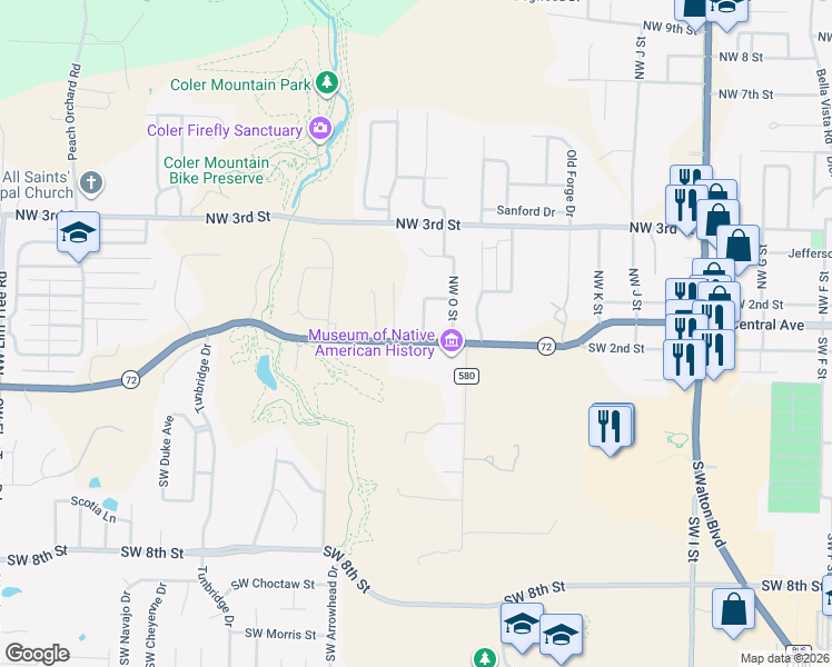 map of restaurants, bars, coffee shops, grocery stores, and more near 1710 Southwest 2nd Street in Bentonville