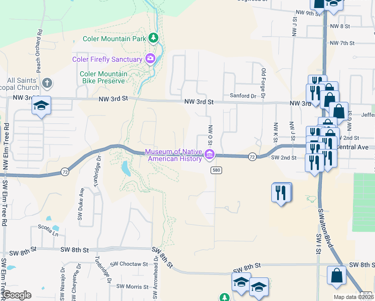 map of restaurants, bars, coffee shops, grocery stores, and more near 1710 Southwest 2nd Street in Bentonville