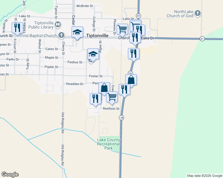 map of restaurants, bars, coffee shops, grocery stores, and more near 1101 Cherokee Circle in Tiptonville