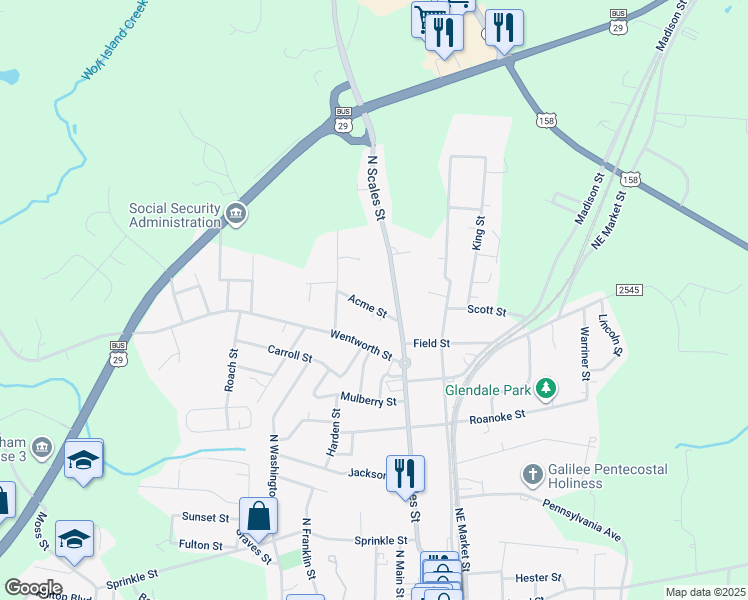 map of restaurants, bars, coffee shops, grocery stores, and more near 302 Acme Street in Reidsville