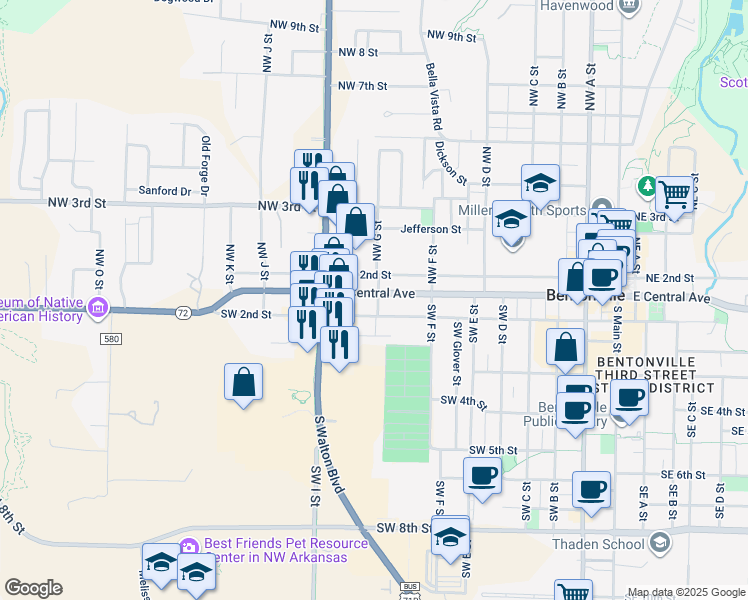 map of restaurants, bars, coffee shops, grocery stores, and more near 803 West Central Avenue in Bentonville