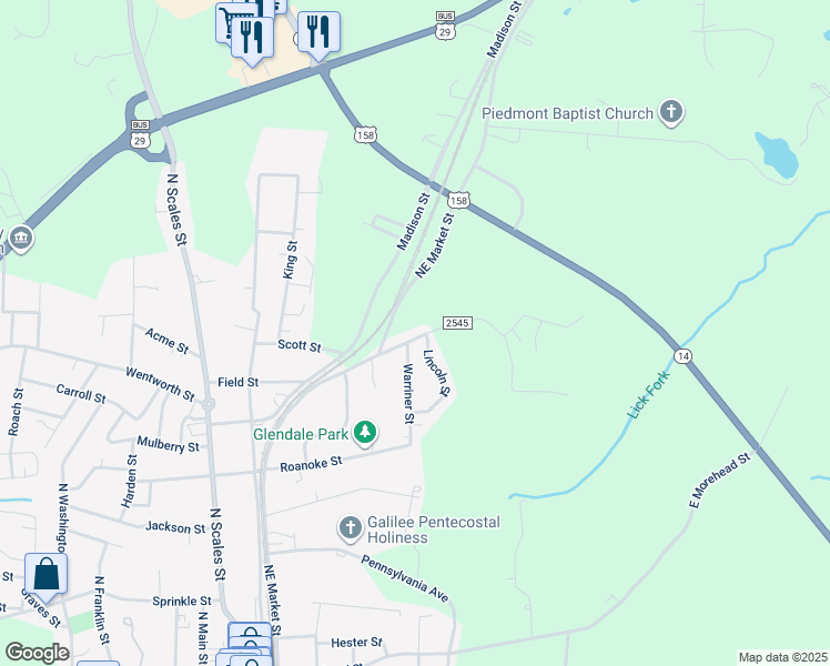 map of restaurants, bars, coffee shops, grocery stores, and more near 802 North Willow Street in Reidsville
