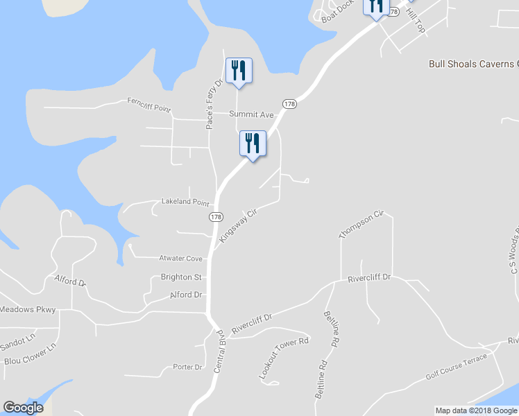 map of restaurants, bars, coffee shops, grocery stores, and more near 67 Kingsway Circle in Bull Shoals