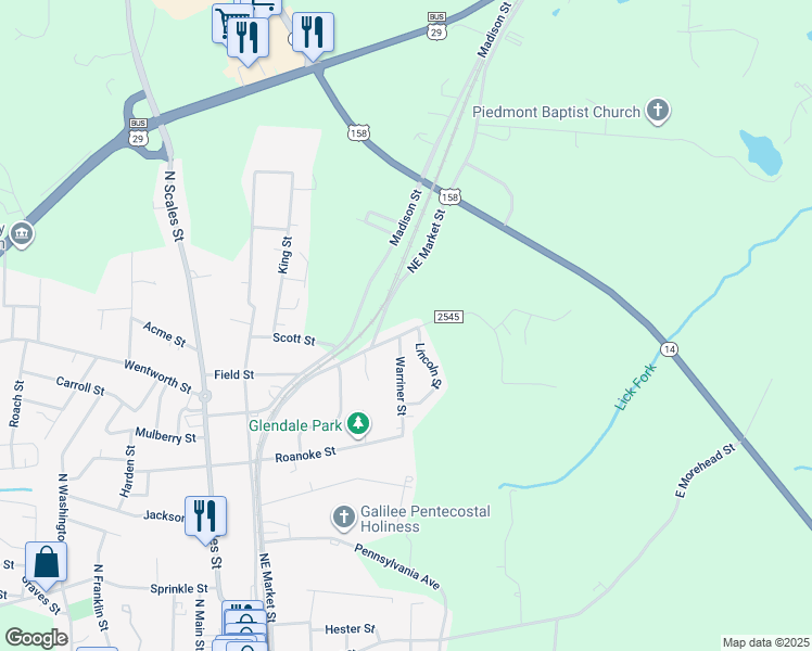 map of restaurants, bars, coffee shops, grocery stores, and more near 802 North Willow Street in Reidsville