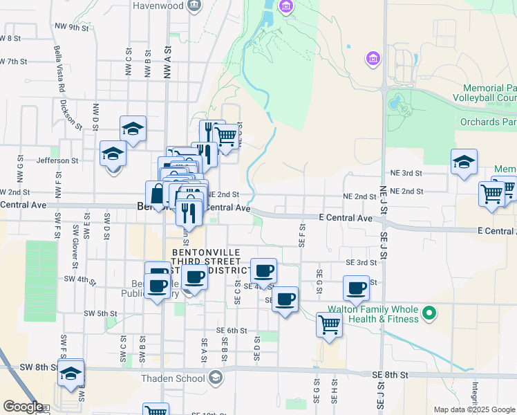 map of restaurants, bars, coffee shops, grocery stores, and more near 411 East Central Avenue in Bentonville