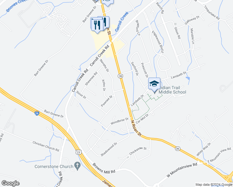 map of restaurants, bars, coffee shops, grocery stores, and more near 109 Apache Drive in Johnson City