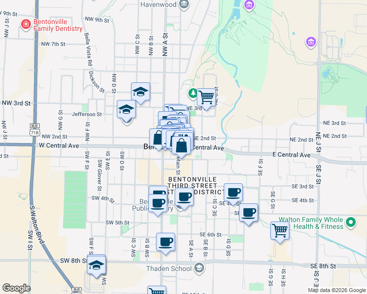 map of restaurants, bars, coffee shops, grocery stores, and more near 110 East Central Avenue in Bentonville