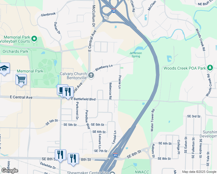 map of restaurants, bars, coffee shops, grocery stores, and more near 201 Rebecca Road in Bentonville