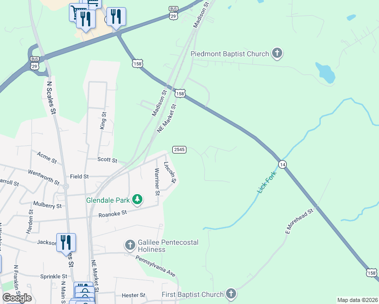 map of restaurants, bars, coffee shops, grocery stores, and more near 837 North Willow Street in Reidsville