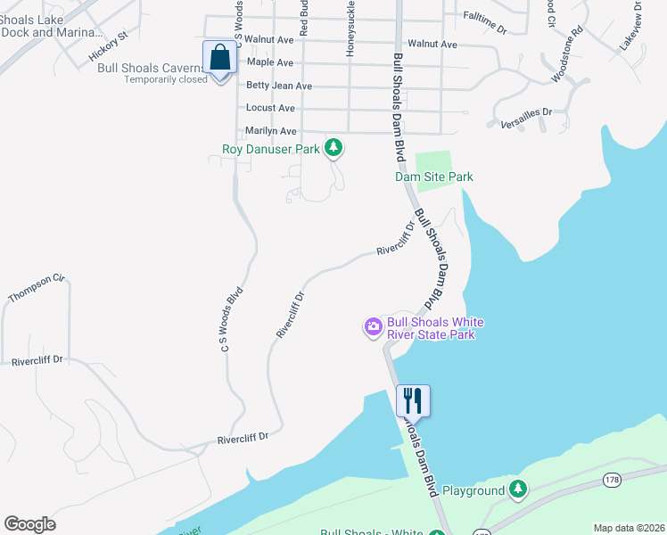 map of restaurants, bars, coffee shops, grocery stores, and more near Rivercliff Drive in Bull Shoals