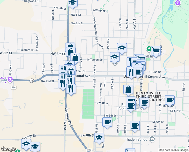 map of restaurants, bars, coffee shops, grocery stores, and more near 101 Southwest F Street in Bentonville