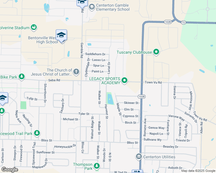 map of restaurants, bars, coffee shops, grocery stores, and more near 1011 Harvest Street in Centerton