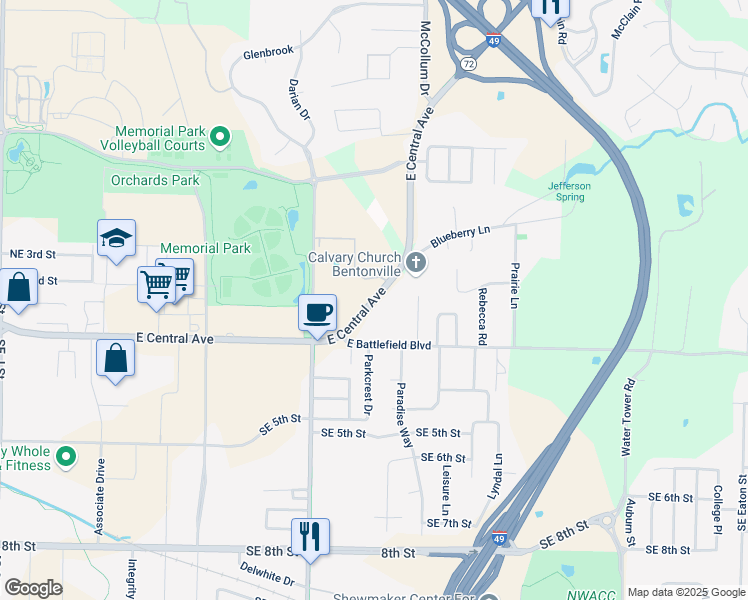 map of restaurants, bars, coffee shops, grocery stores, and more near 206 East Central Avenue in Bentonville