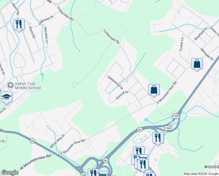 map of restaurants, bars, coffee shops, grocery stores, and more near 3733 Kimrod Drive in Johnson City