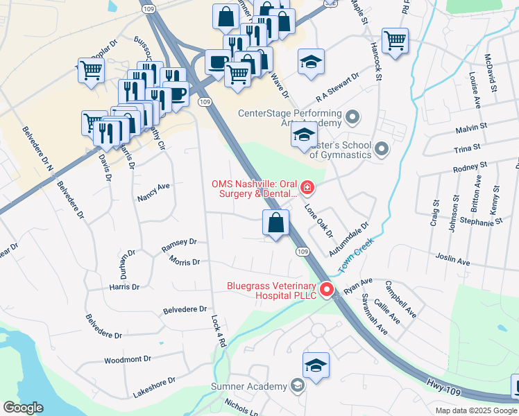 map of restaurants, bars, coffee shops, grocery stores, and more near 400 Hancock Street in Gallatin