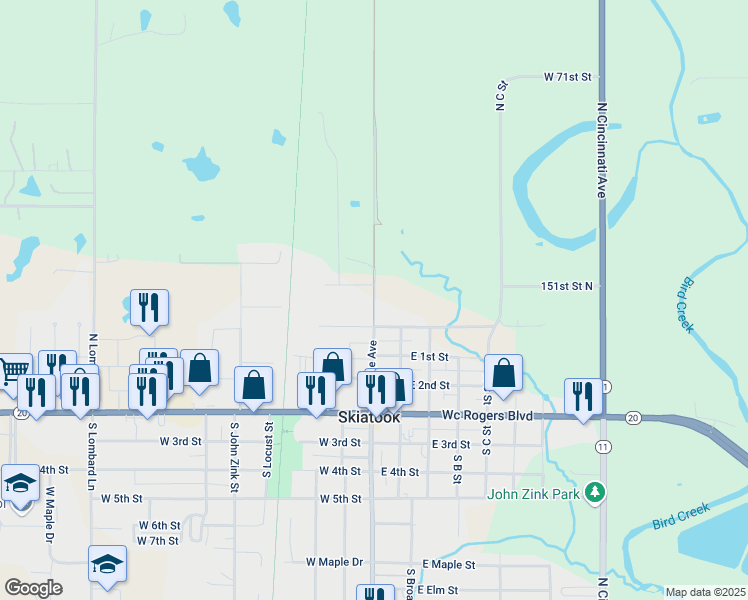 map of restaurants, bars, coffee shops, grocery stores, and more near 101 West Cherokee Avenue in Skiatook