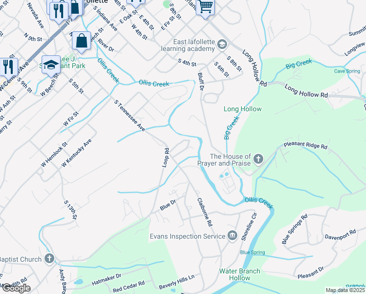 map of restaurants, bars, coffee shops, grocery stores, and more near 105 East Woodland Court in LaFollette