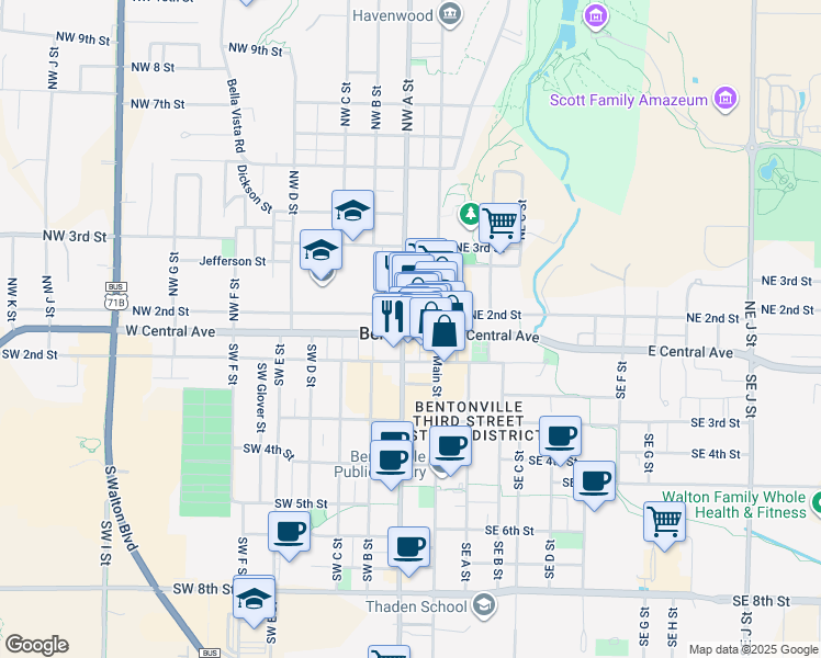 map of restaurants, bars, coffee shops, grocery stores, and more near in Bentonville