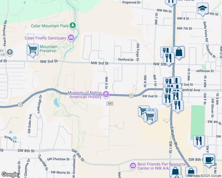 map of restaurants, bars, coffee shops, grocery stores, and more near 103 Northwest Olinka Pass Street in Bentonville