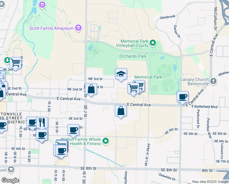map of restaurants, bars, coffee shops, grocery stores, and more near 1301 East Central Avenue in Bentonville